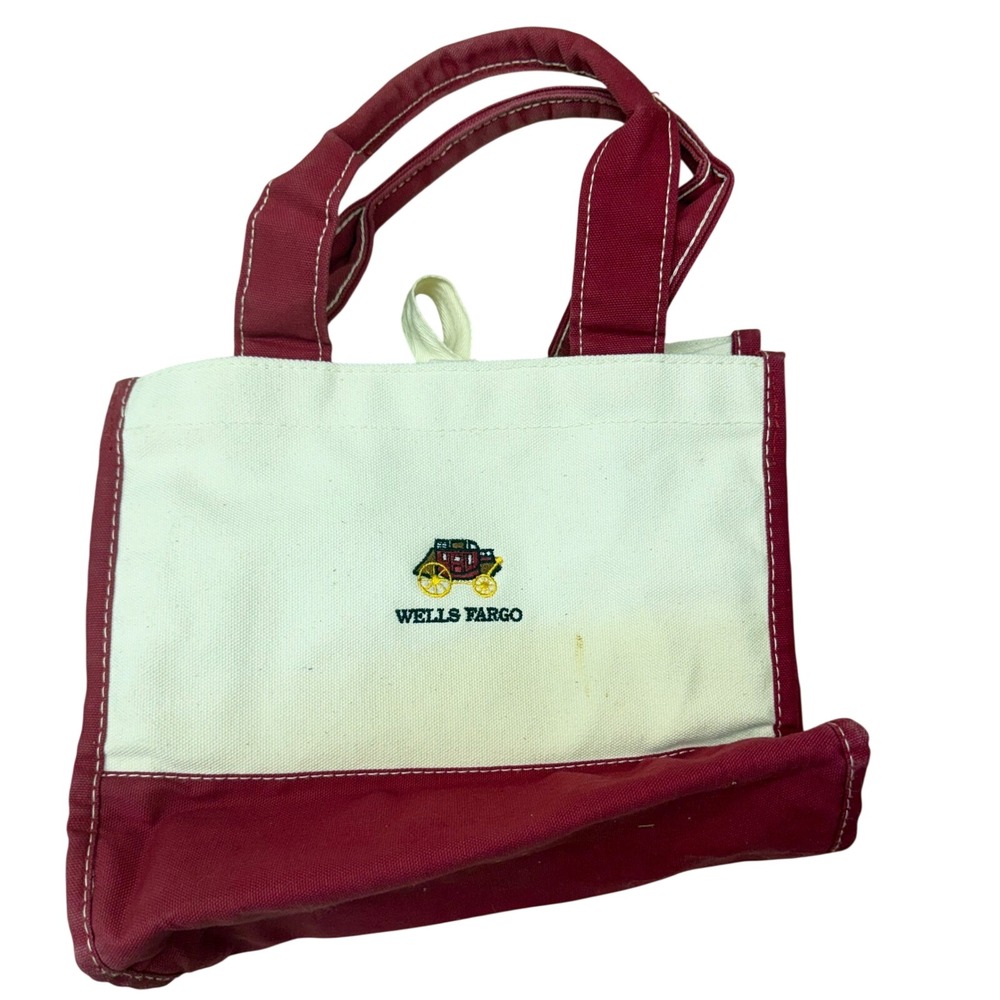 Wells Fargo Mini Boat Tote Bag Canvas Burgundy Cream Stagecoach Small Handbag